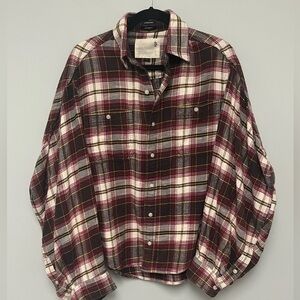 R13 Ziggy Workwear Shirt - Ecru/Maroon Plaid. Size small